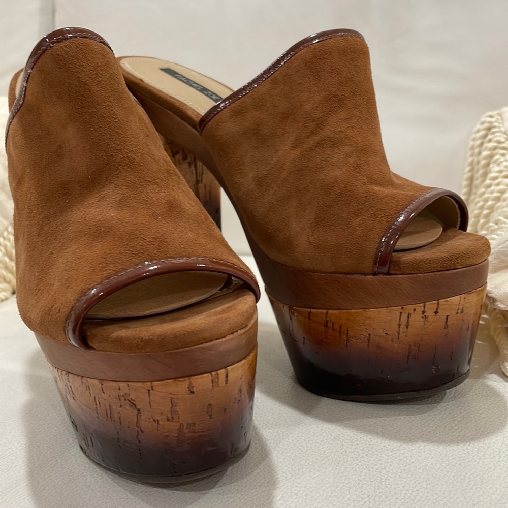 NEW RACHEL ZOE Eddie Kid Suede & Patent Lea Platform SZ8 toasted caramel cognac - Picture 5 of 10